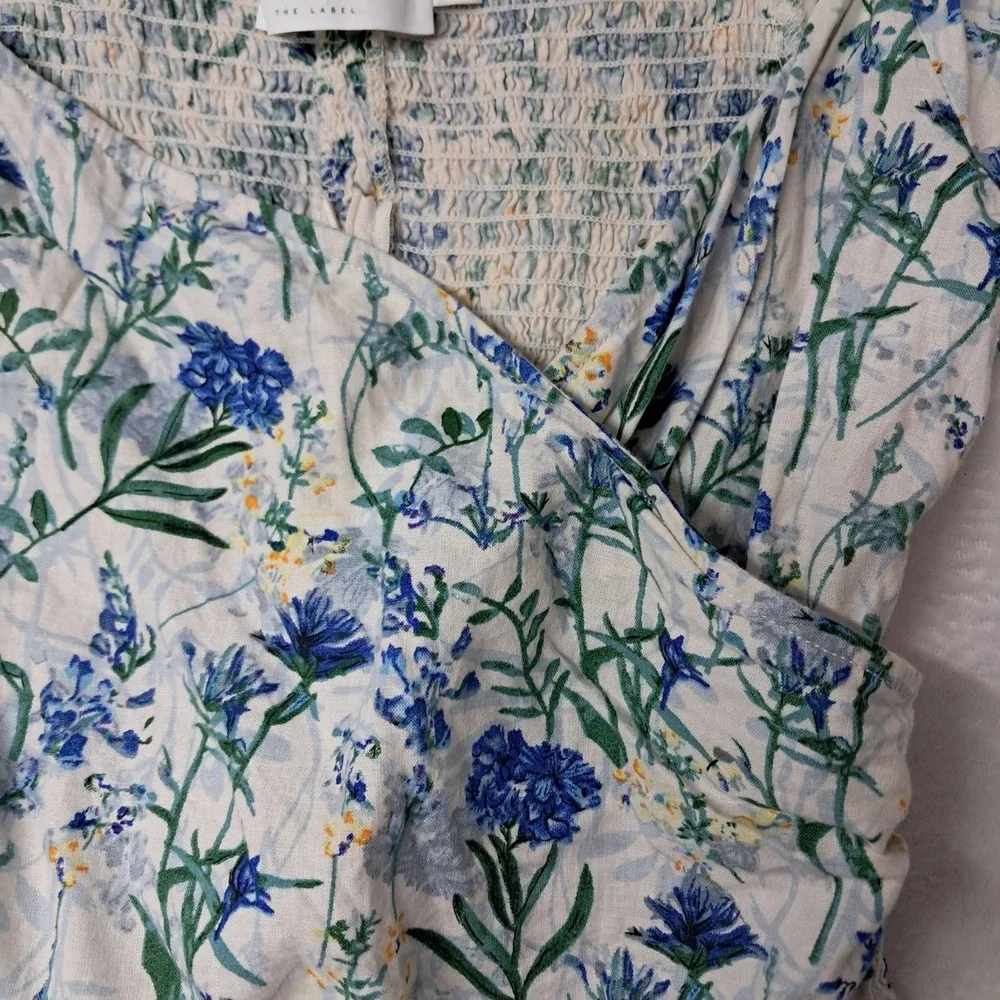 ASTR The Label Top Women's Large Blue Floral Puff Sleeve Smocked Linen Cottage